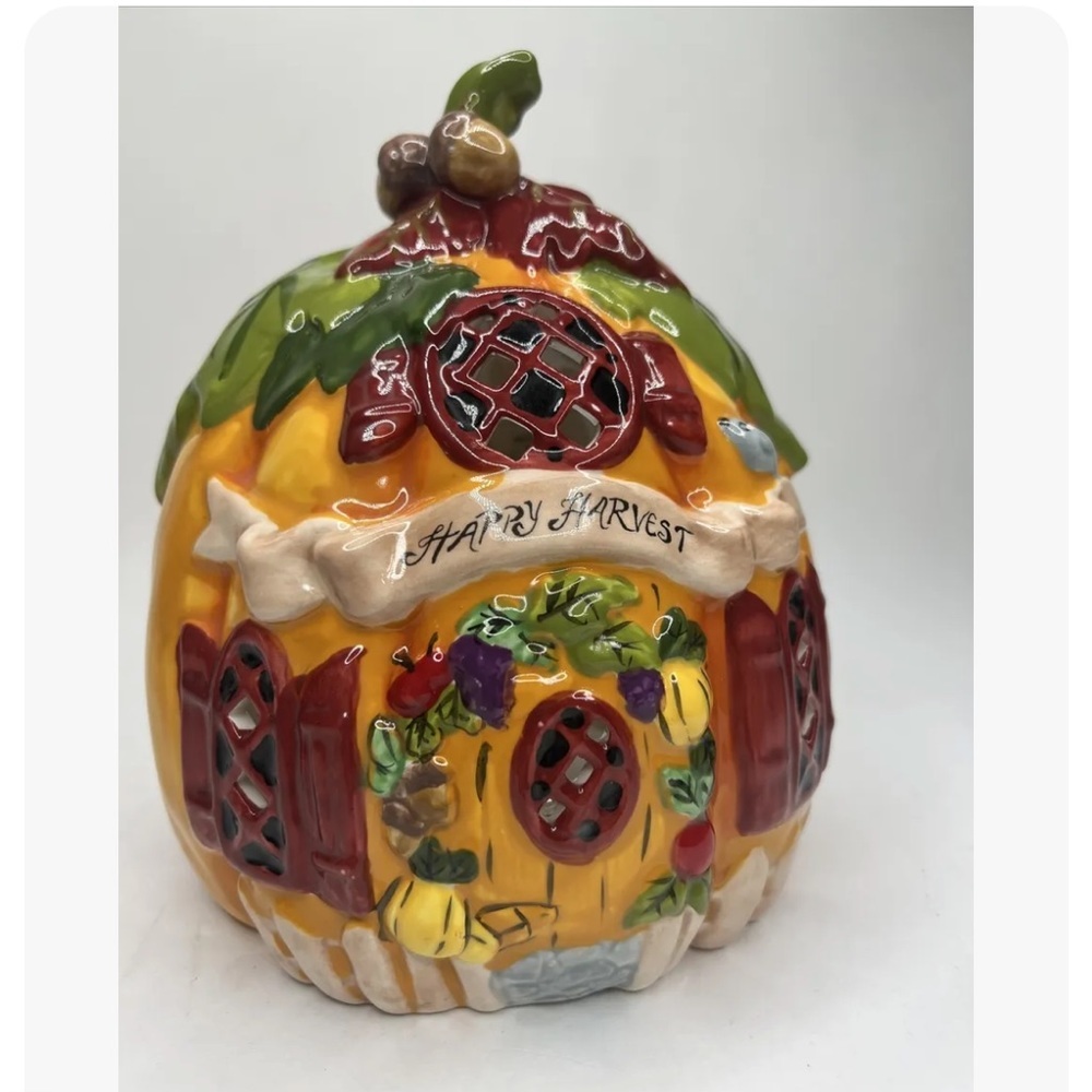 Blue Sky Clayworks Happy Harvest Candle Holder Autumn Pumpkin House